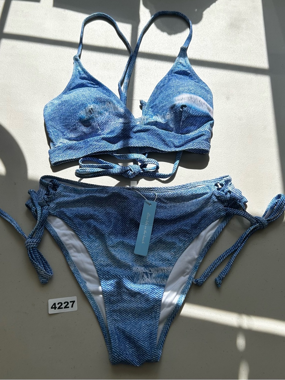 Women’s Bikini Set M Blue/White Denim Print Padded Spaghetti Strap Tie 2pc
